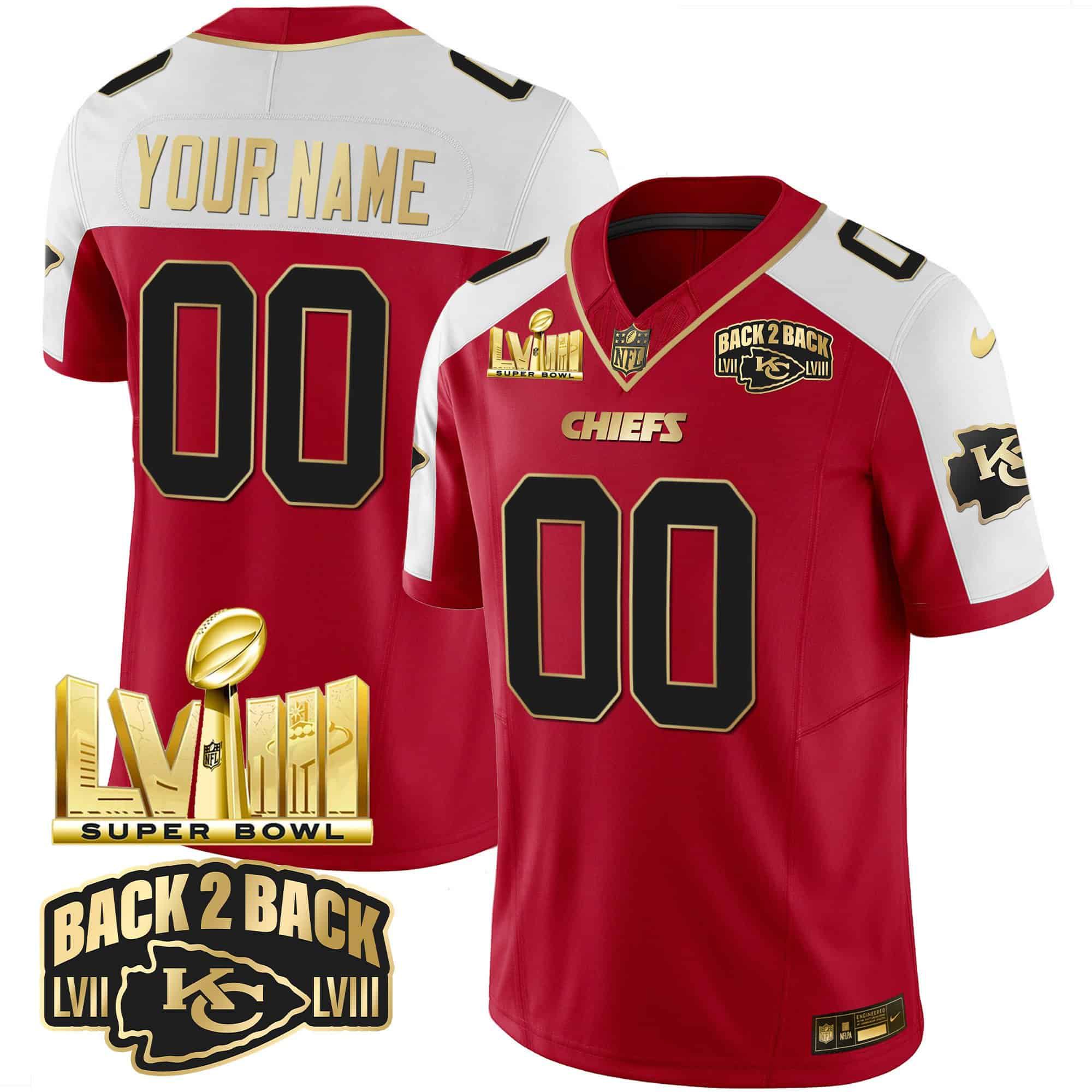 Men Kansas City Chiefs Red 2024 Nike Super Bowl LVIII & Back-2-Back Gold Patch Vapor Custom NFL Jersey